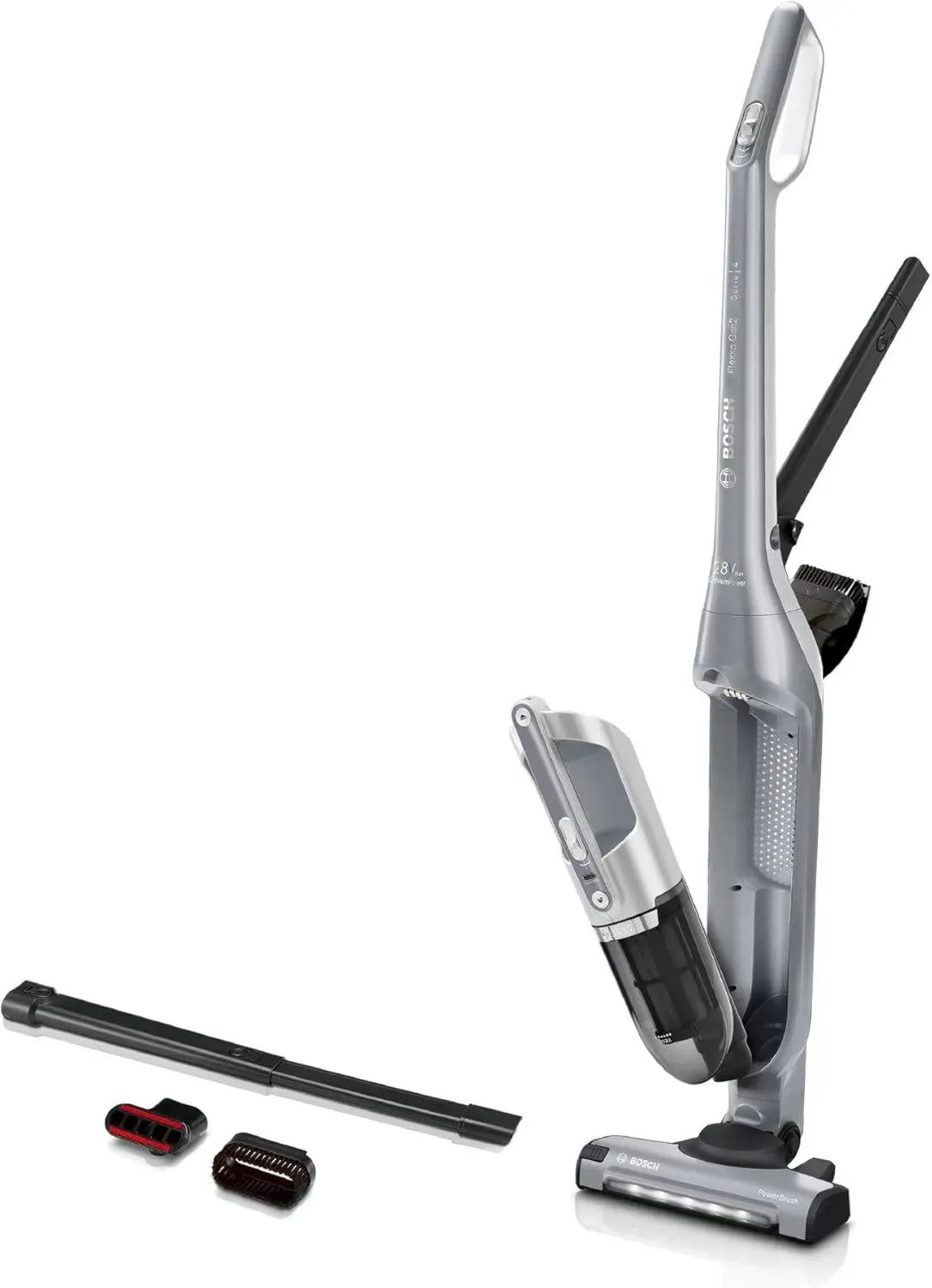Bosch Flexxo 2in1 Serie 4 kabelloser Akku-Staubsauger, beutellos, hohe Leistung, lange Laufzeit, LED-Düse, für alle Bodenarten, Silber