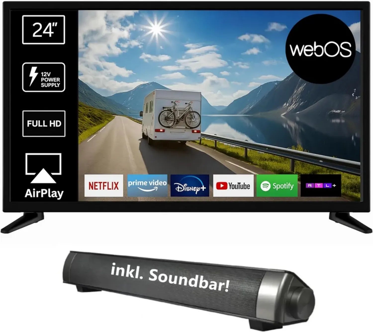 Reflexion 24 Zoll Smart TV mit integrierter Soundbar, Full-HD, WLAN, Bluetooth, HDMI, USB, CI+, KFZ-Adapter – Perfekt für Camper & Boote